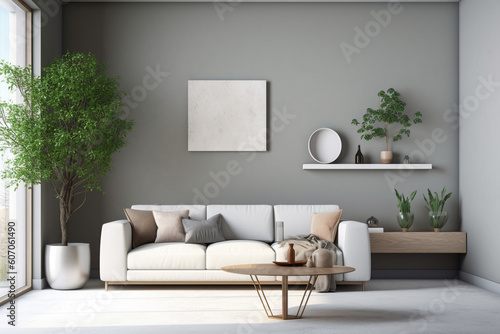 A living room with a large wall that has a plant in it and a couch.