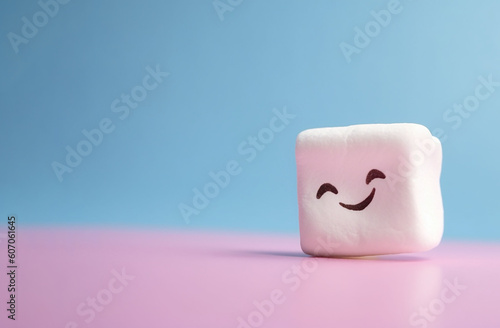 marshmallow ce sorride. sfondo colorato con spazio libero a sinistra