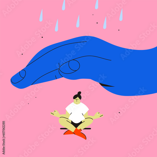 Big hand covering girl sitting in lotus position. Giant hand over tiny young lady. Insurance and healthcare, assurance, client care, customer support, calmness concept. Hand drawn Vector illustration