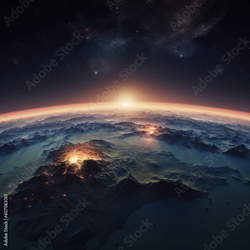 Picture of the earth taken out of space showing a part of a continent in the evening created using Generative AI technology