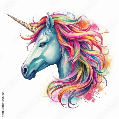 An vector illustration of a mythical unicorn, with a rainbow-colored mane and horn, against a white background. Printable design for tattoo, wall art, posters, t-shirts, mugs, cases. Generative AI