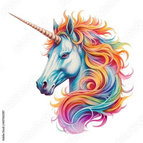 An vector illustration of a mythical unicorn, with a rainbow-colored mane and horn, against a white background. Printable design for tattoo, wall art, posters, t-shirts, mugs, cases. Generative AI © bluebeat76