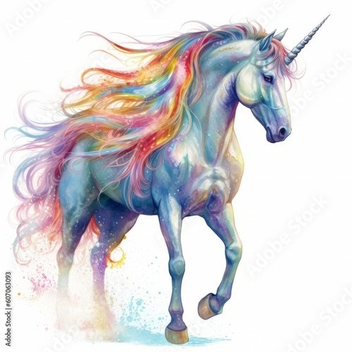 An vector illustration of a mythical unicorn, with a rainbow-colored mane and horn, against a white background. Printable design for tattoo, wall art, posters, t-shirts, mugs, cases. Generative AI
