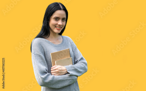 Smiling woman international student or teenager standing and holding book, study, learning, girl, back to school, knowledge, university, look at camera Education Concept