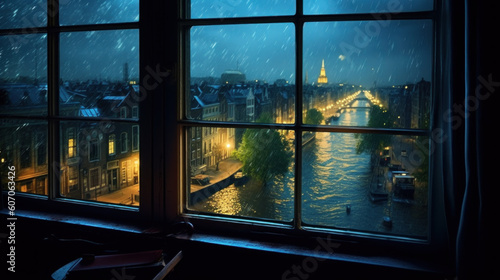 View from the panoramic window of the city on a starry night created with generative AI technology