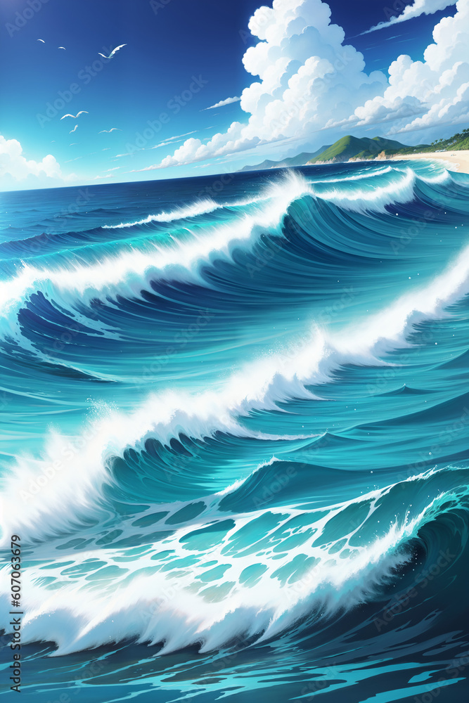 Oceantic water waves, Colorful Cartoon-Realistic Style, Children's Book Illustrations, Environmental Awareness Campaigns, Video Game Backgrounds. Rich Greenery Details for Nature-inspired Design 