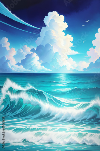 Oceantic water waves, Colorful Cartoon-Realistic Style, Children's Book Illustrations, Environmental Awareness Campaigns, Video Game Backgrounds. Rich Greenery Details for Nature-inspired Design 