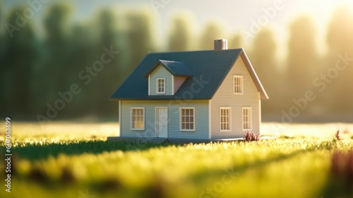 Small model of a two-story wooden toy house on a lawn green grass in the rays of the midday sun. Buying real estate, renting, investing finance, mortgage. Generative AI.