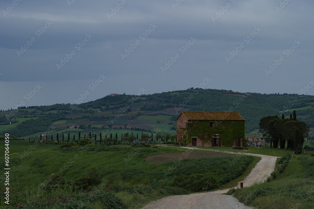 Tuscany fields in springtime, cloudy day mood, Val d'Orca, Pienza region Tuscany fields in springtime, cloudy day mood, Val d'Orca, Pienza region