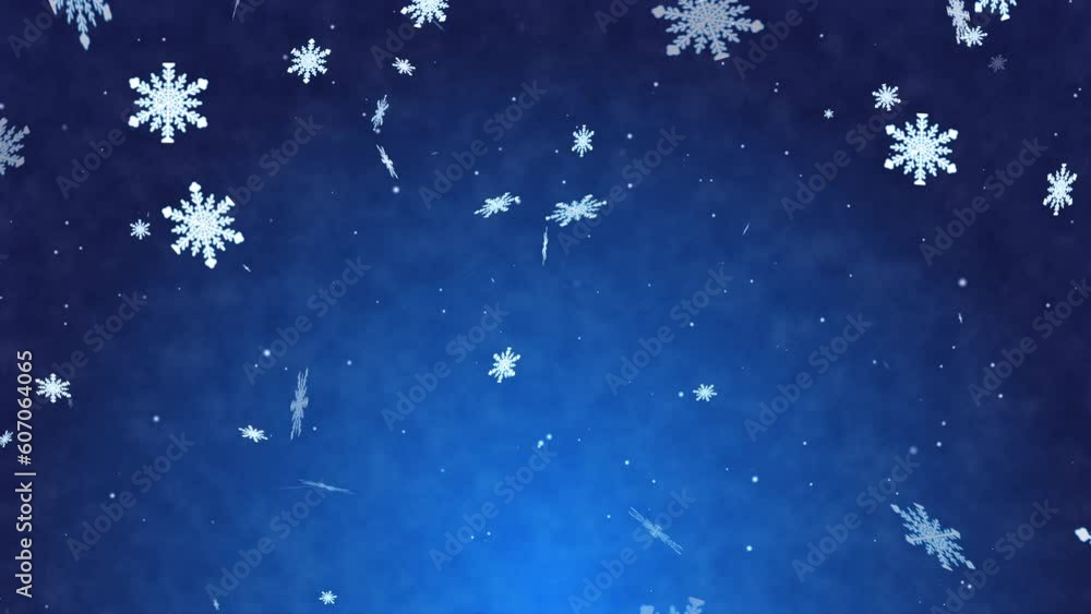 キラキラしたループパーティクル、雪の結晶と青いアブストラクト背景 キラキラしたループパーティクル、雪の結晶と青いアブストラクト背景