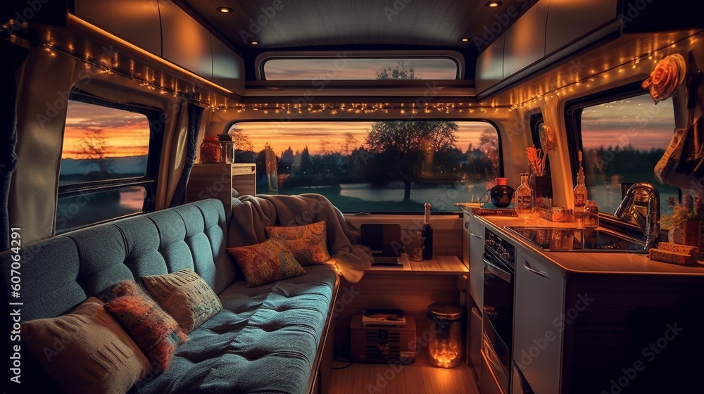 Fototapeta premium AI Explore the cozy and versatile interior of a camper van in this captivating photograph, showcasing the perfect balance of comfort and adventure on the road. Ideal for travel