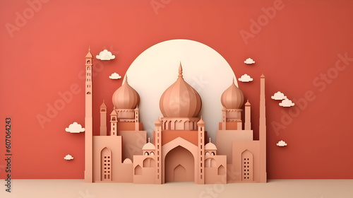 Canvas Print Islamic mosque paper cut style origami background photo illustration,Generative