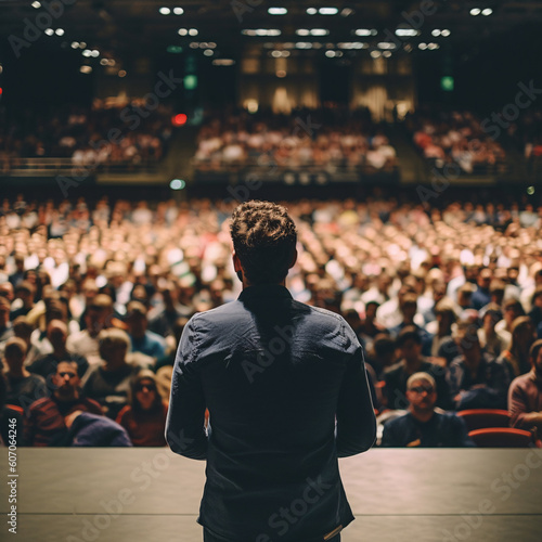 Vortrag in einer großen Halle vor Publikum durch einen Sprecher / Speaker. Generative AI © Nico Vincentini