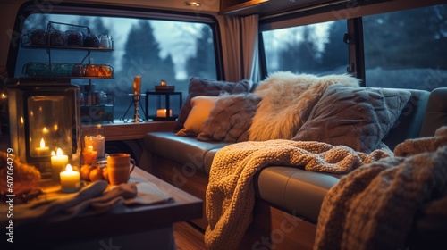 AI Explore the cozy and versatile interior of a camper van in this captivating photograph, showcasing the perfect balance of comfort and adventure on the road. Ideal for travel