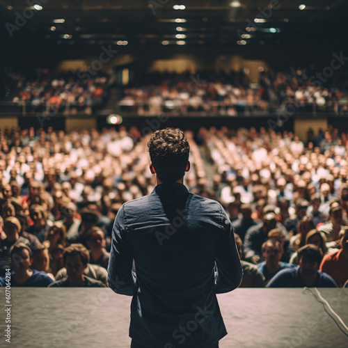 a speaker with a microphone from behind who speaks to a unfocused crowd of people sitting and facing to him in a big hall  © Nico Vincentini