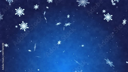 キラキラしたループパーティクル、雪の結晶と青いアブストラクト背景