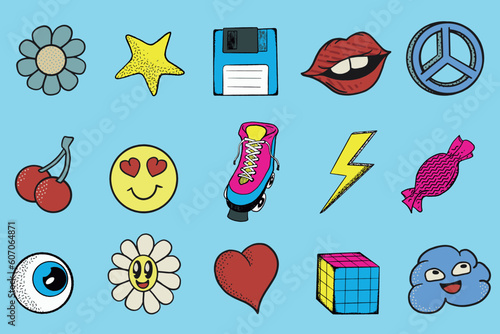 Set Of Retro Elements Cartoon Style Stickers. 80s and 80s Vintage Vector Illustration