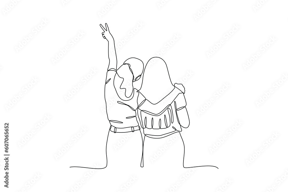 Continuous one-line drawing of two friends posing. Friendship Day concept. Single line drawing design graphic vector illustration Continuous one-line drawing of two friends posing. Friendship Day concept. Single line drawing design graphic vector illustration