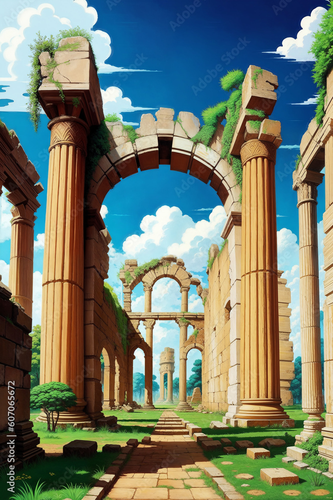 Obraz premium Roman forum ruins, Colorful Cartoon-Realistic Style, Children's Book Illustrations, Environmental Awareness Campaigns, Video Game Backgrounds. Rich Greenery Details for Nature-inspired Design 