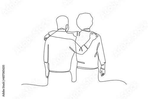 Continuous one-line drawing of two male friends. Friendship Day concept. Single line drawing design graphic vector illustration