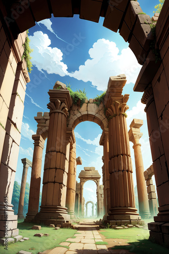 Roman forum ruins  Colorful Cartoon-Realistic Style  Children s Book Illustrations  Environmental Awareness Campaigns  Video Game Backgrounds. Rich Greenery Details for Nature-inspired Design 