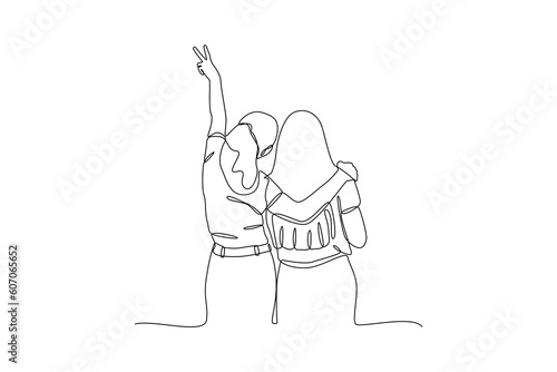 Continuous one-line drawing of two friends posing. Friendship Day concept. Single line drawing design graphic vector illustration