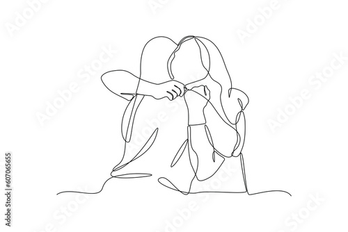 Continuous one-line drawing of female friends hugging. Friendship Day concept. Single line drawing design graphic vector illustration