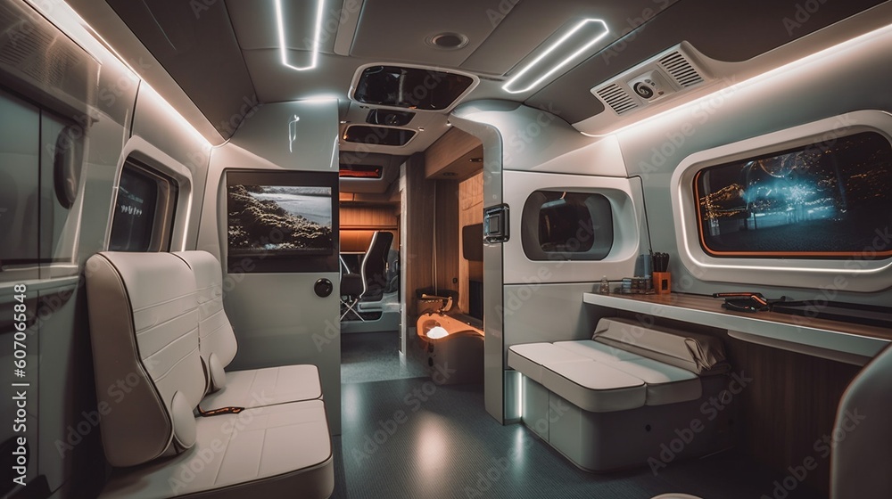 AI Explore the cozy and versatile interior of a camper van in this captivating photograph, showcasing the perfect balance of comfort and adventure on the road. Ideal for travel enthusiasts and van lif