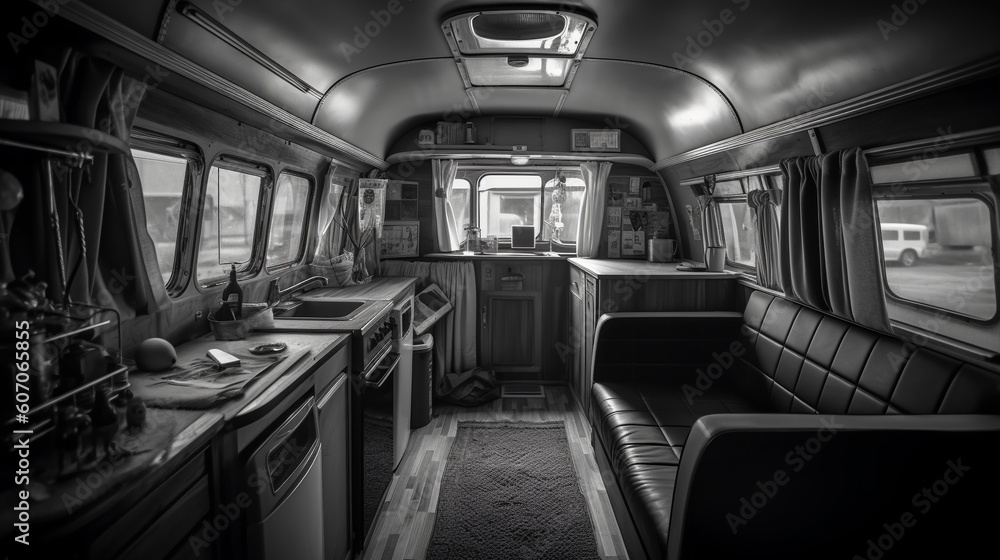 Fototapeta premium AI Explore the cozy and versatile interior of a camper van in this captivating photograph, showcasing the perfect balance of comfort and adventure on the road. Ideal for travel enthusiasts and van lif