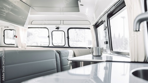 AI Explore the cozy and versatile interior of a camper van in this captivating photograph, showcasing the perfect balance of comfort and adventure on the road. Ideal for travel enthusiasts and van lif