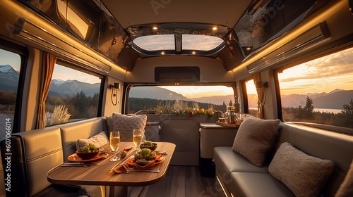 AI Explore the cozy and versatile interior of a camper van in this captivating photograph, showcasing the perfect balance of comfort and adventure on the road. Ideal for travel enthusiasts and van lif © cristian