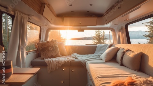 AI Explore the cozy and versatile interior of a camper van in this captivating photograph, showcasing the perfect balance of comfort and adventure on the road. Ideal for travel enthusiasts and van lif