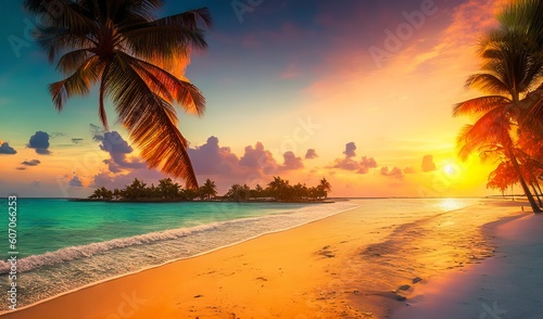 Touristic paradise  idyllic sunset beachscape  seashore  palms  Maldives oasis  warm tones. AI generated