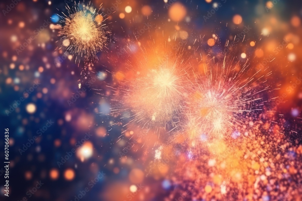 Colorful fireworks at New Year and copy space abstract holiday background elegant glitter confetti.