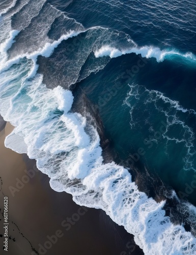 Ocean waves on the beach as a background, Aerial top down view, black sand and water. AI generated