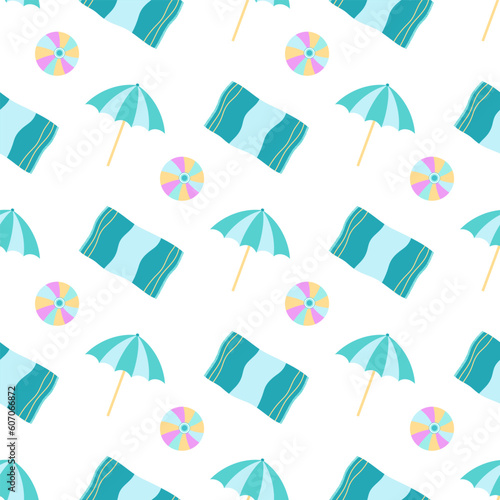summer beach seamless pattern with towel and umbrella