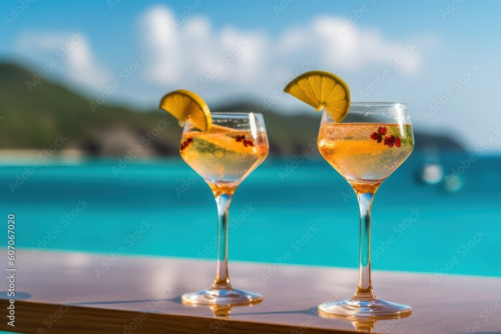 Two cocktails with olives, ice, and bubbles in beautiful cocktail glasses on a bar counter overlooking the crystal blue waters of the ocean in an expensive exotic resort. Generative AI 2