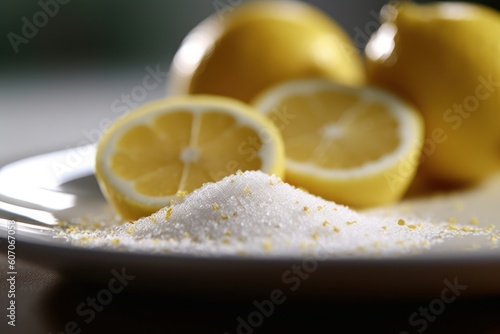 White porcelain plate filled with lemon slices roundly sprinkled with granulated sugar. Generative AI 1