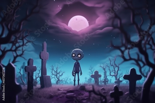 Cute cartoon character little zombie on graveyard in spooky death Forest At Halloween Night.