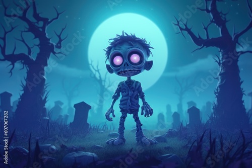 Cute cartoon character little zombie on graveyard in spooky death Forest At Halloween Night.