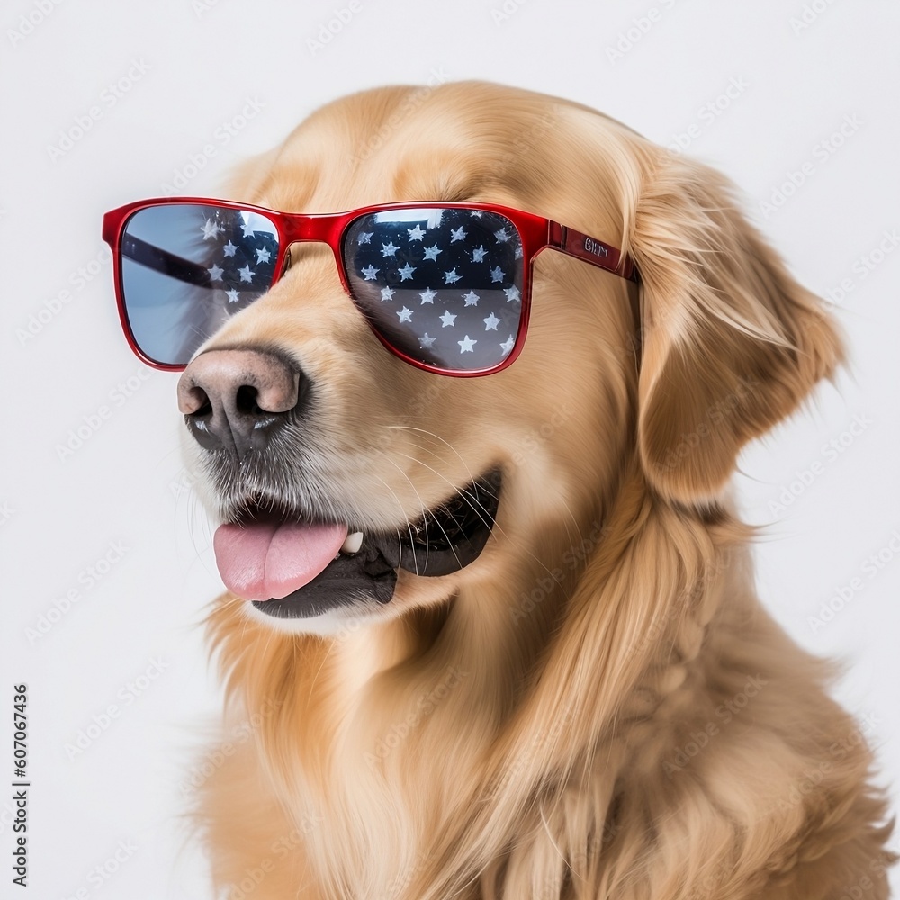 Golden Retriever Dog wearing Red Sunglasses with Blue and White Stars Reflecting and American Flag for 4th of July or Memorial Day