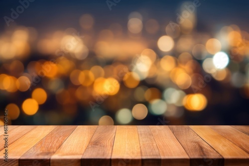 Selective empty wooden board on blur city with bokeh background.