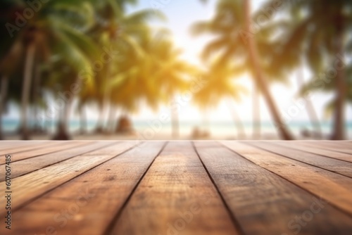 Selective focus on wooden board isolated on blur summer beach with bokeh background.