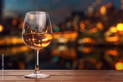 A glass of wine on wooden board on blur city with bokeh background.