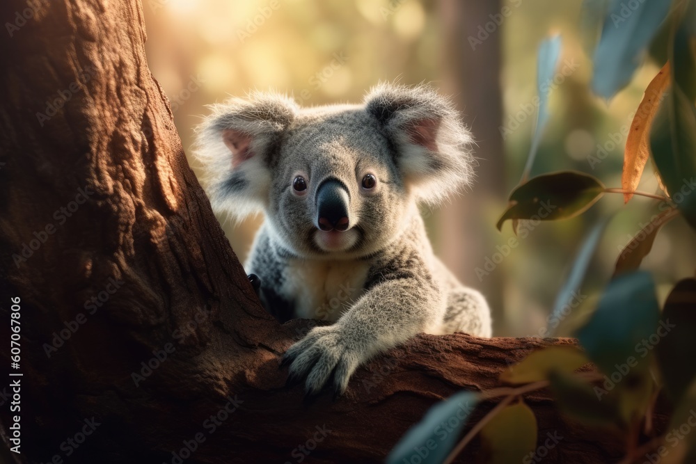 Fototapeta premium Nature's Acrobats: Adorable Koala Scaling a Tree with Ease