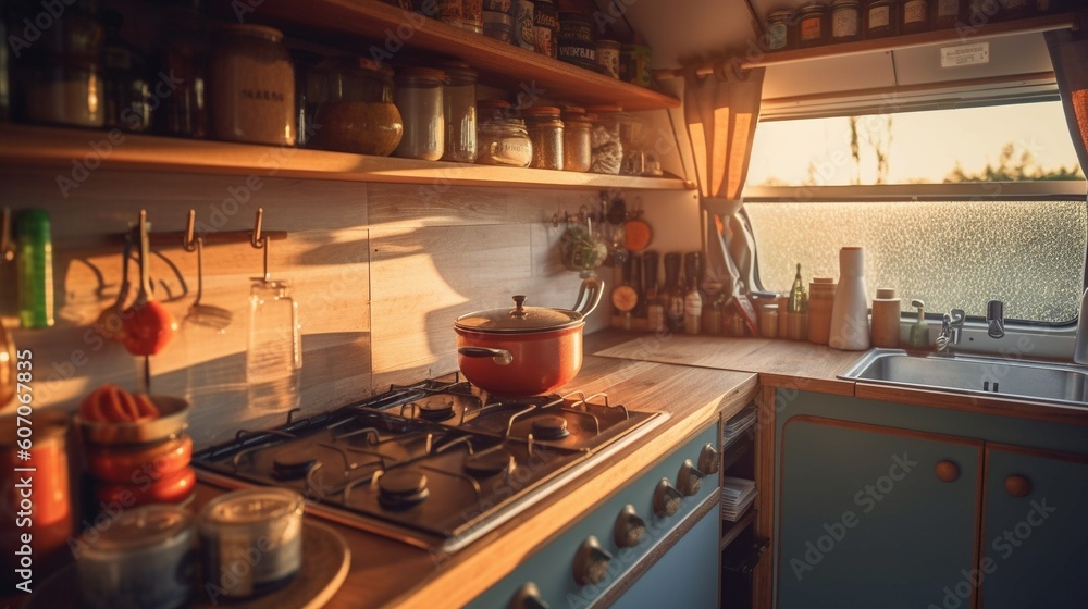 AI Explore the cozy and versatile interior of a camper van in this captivating photograph, showcasing the perfect balance of comfort and adventure on the road. Ideal for travel enthusiasts AI Explore the cozy and versatile interior of a camper van in this captivating photograph, showcasing the perfect balance of comfort and adventure on the road. Ideal for travel enthusiasts