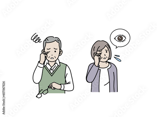 老眼や視力が低下して困る高齢者、老夫婦のイラスト