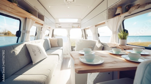 AI Explore the cozy and versatile interior of a camper van in this captivating photograph, showcasing the perfect balance of comfort and adventure on the road. Ideal for travel enthusiasts © cristian