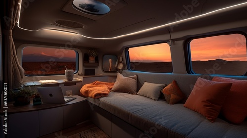 AI Explore the cozy and versatile interior of a camper van in this captivating photograph, showcasing the perfect balance of comfort and adventure on the road. Ideal for travel enthusiasts