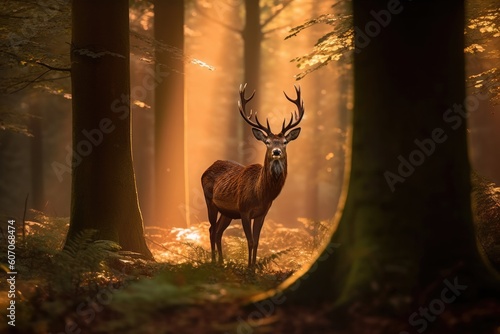 Majestic Woodland Wanderer: Close-up Shot of a Deer Among the Forest Trees © Arthur